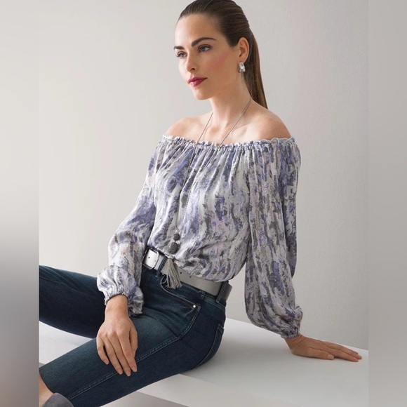 White House Black Market Long Sleeve Silk Burnout Off The Shoulder Blouse Sz S - Picture 1 of 10